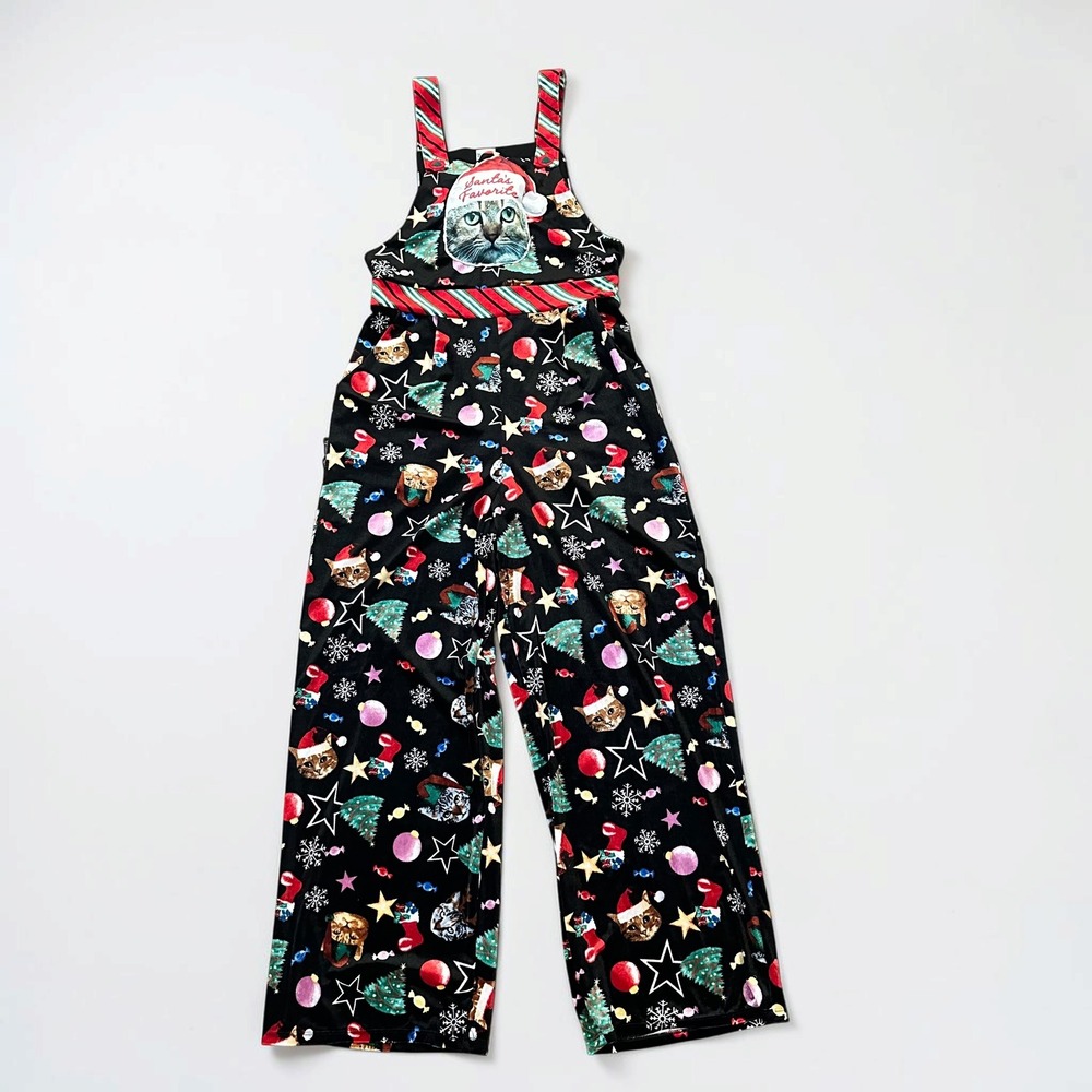No Boundaries NWT Small Christmas Cat Velvet Overalls Jumpsuit Ugly Sweater